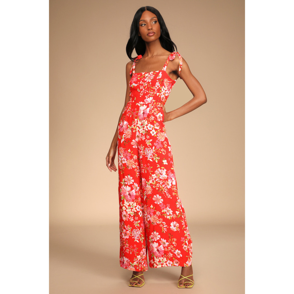 Lulus Sunny Sweetness Red Floral Print Tie-strap Jumpsuit - Size L